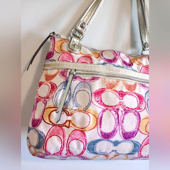 Coach Poppy Dream Multi Signature Optic Soulder Glam Tote Bag EUC - Picture 6 of 15